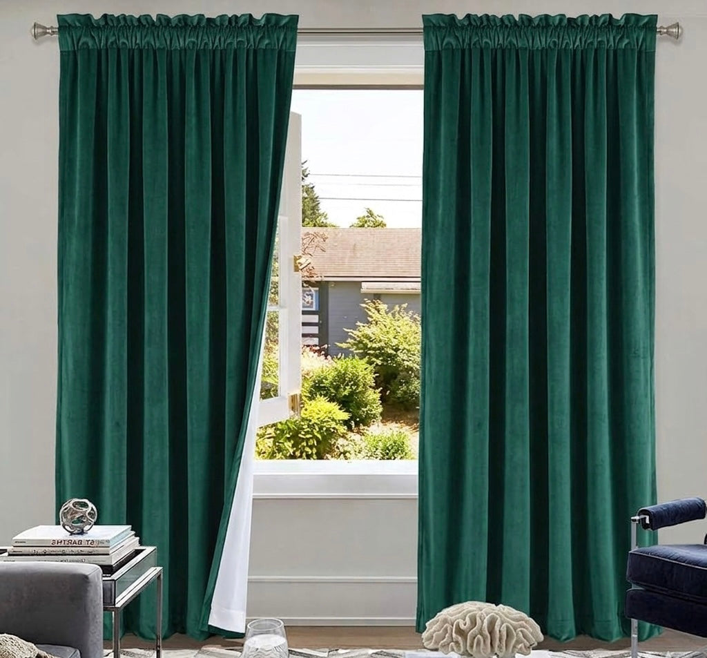 Premium Bottle green Blackout Velvet Curtain with White Back Lining for Sun Protection