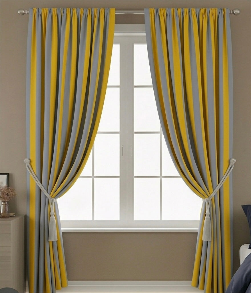 Classic Black & White /yellow grey Striped Canvas Curtains