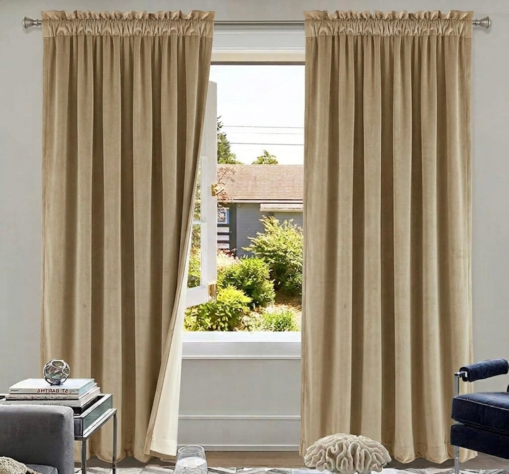 Premium Beige Blackout Velvet Curtain with White Back Lining for Sun Protection