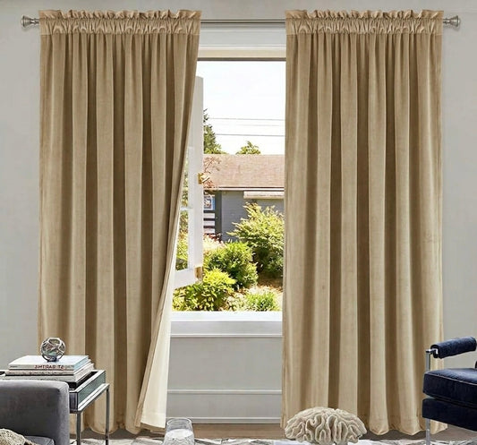 Premium Beige Blackout Velvet Curtain with White Back Lining for Sun Protection