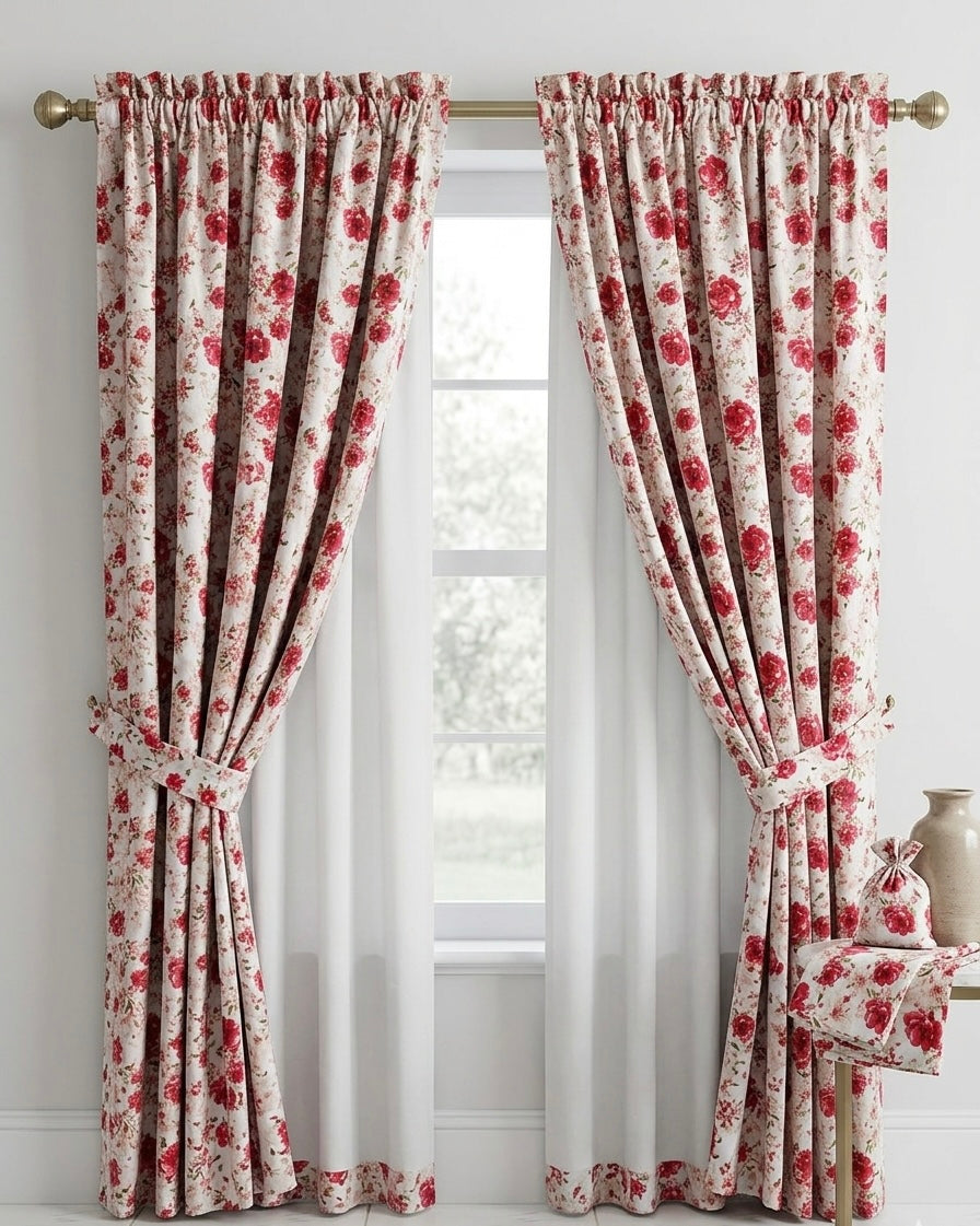 Vintage Rose Floral Curtains – Set of 2 with Tie-Backs