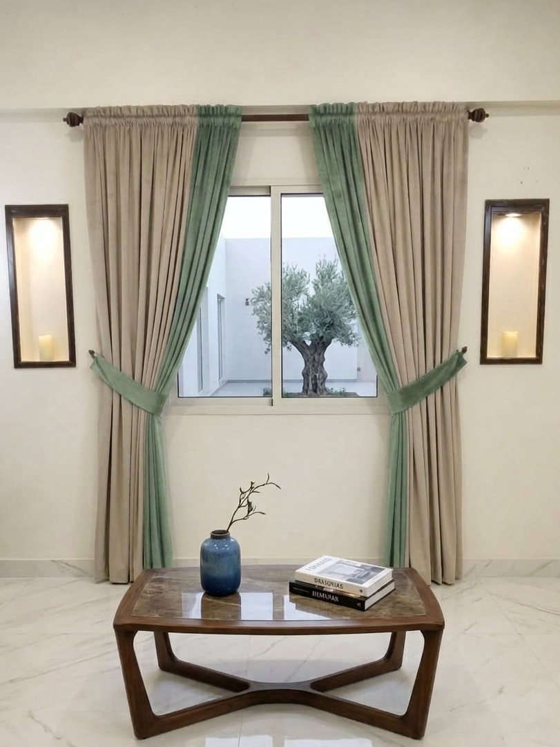 Premium Custom Dual-Tone Velvet Curtain Set – Beige Series