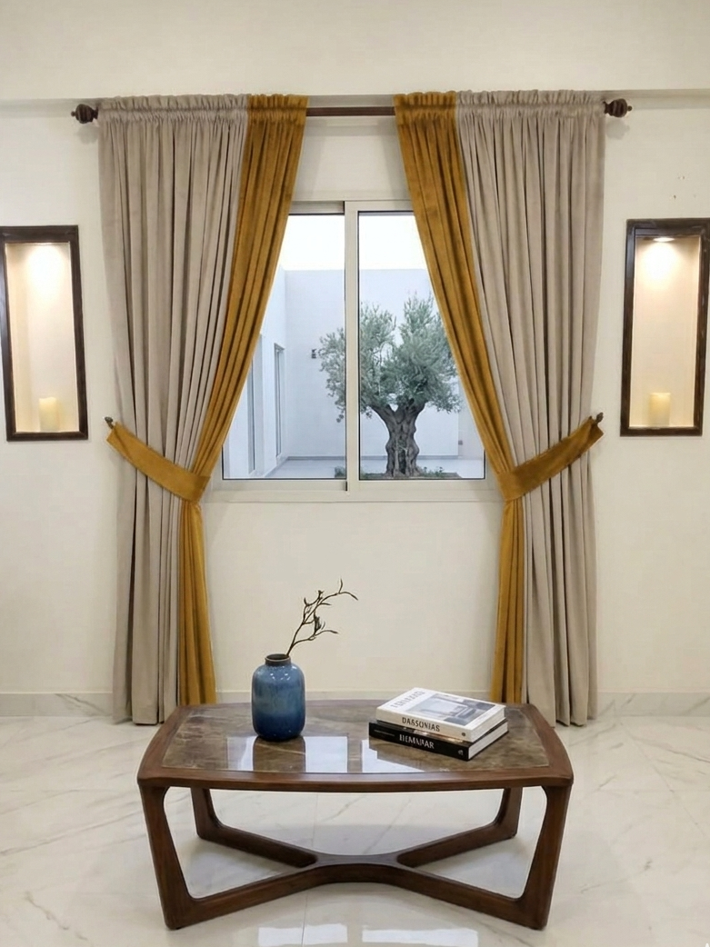 Premium Custom Dual-Tone Velvet Curtain Set – Beige Series