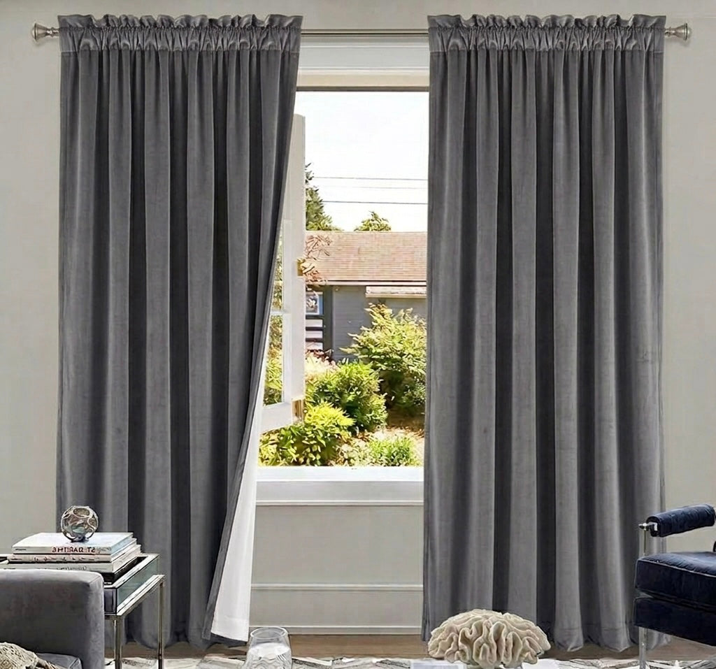 Premium Grey Blackout Velvet Curtain with White Back Lining for Sun Protection