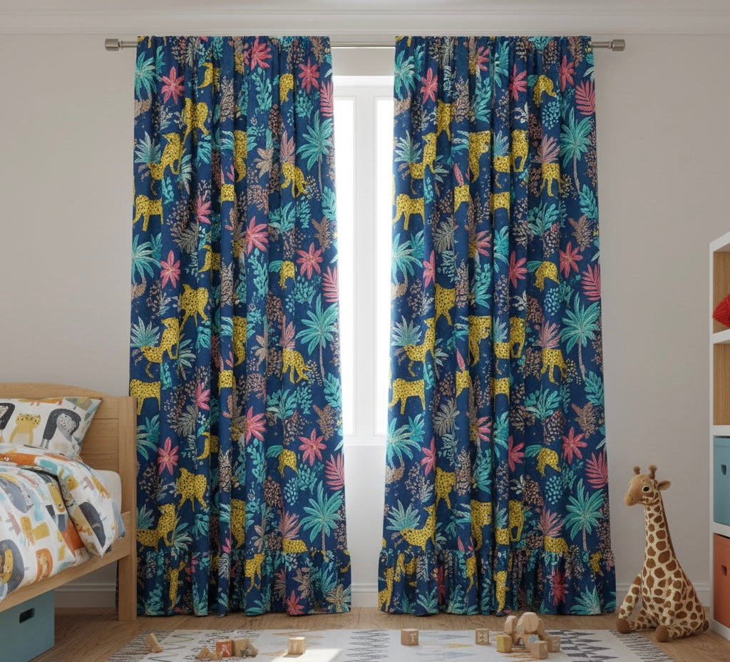 Playful Leopard & Palm Print Cotton Jacquard Frill Curtains for Kids Room