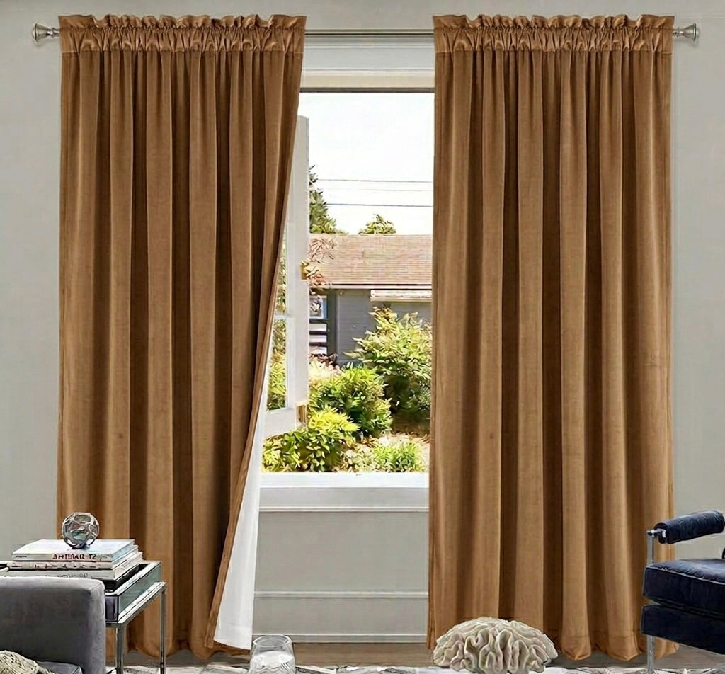 Premium Honey Brown Blackout Velvet Curtain with White Back Lining for Sun Protection