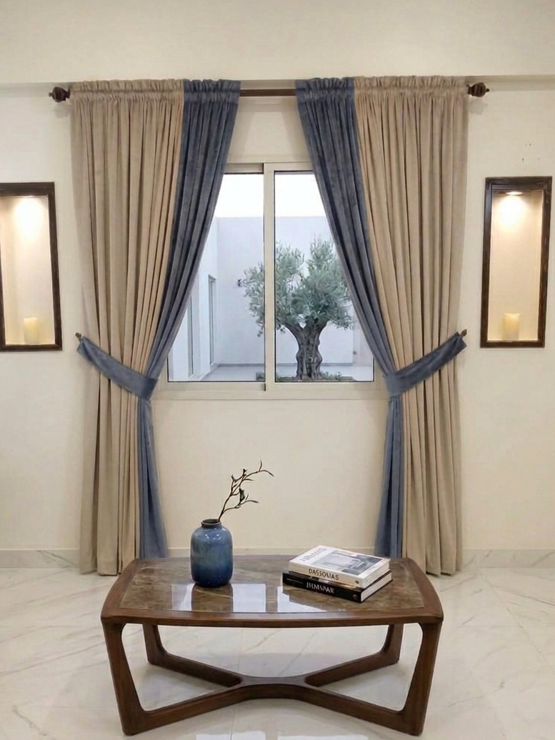 Premium Custom Dual-Tone Velvet Curtain Set – Beige Series