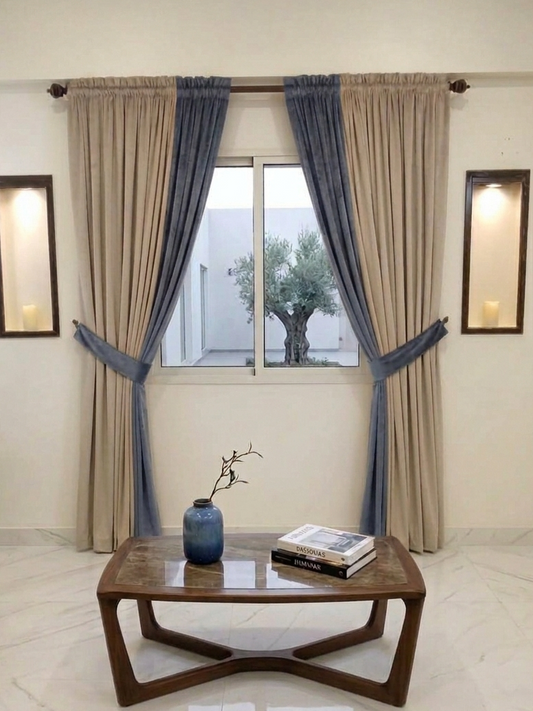 Premium Custom Dual-Tone Velvet Curtain Set – Beige Series