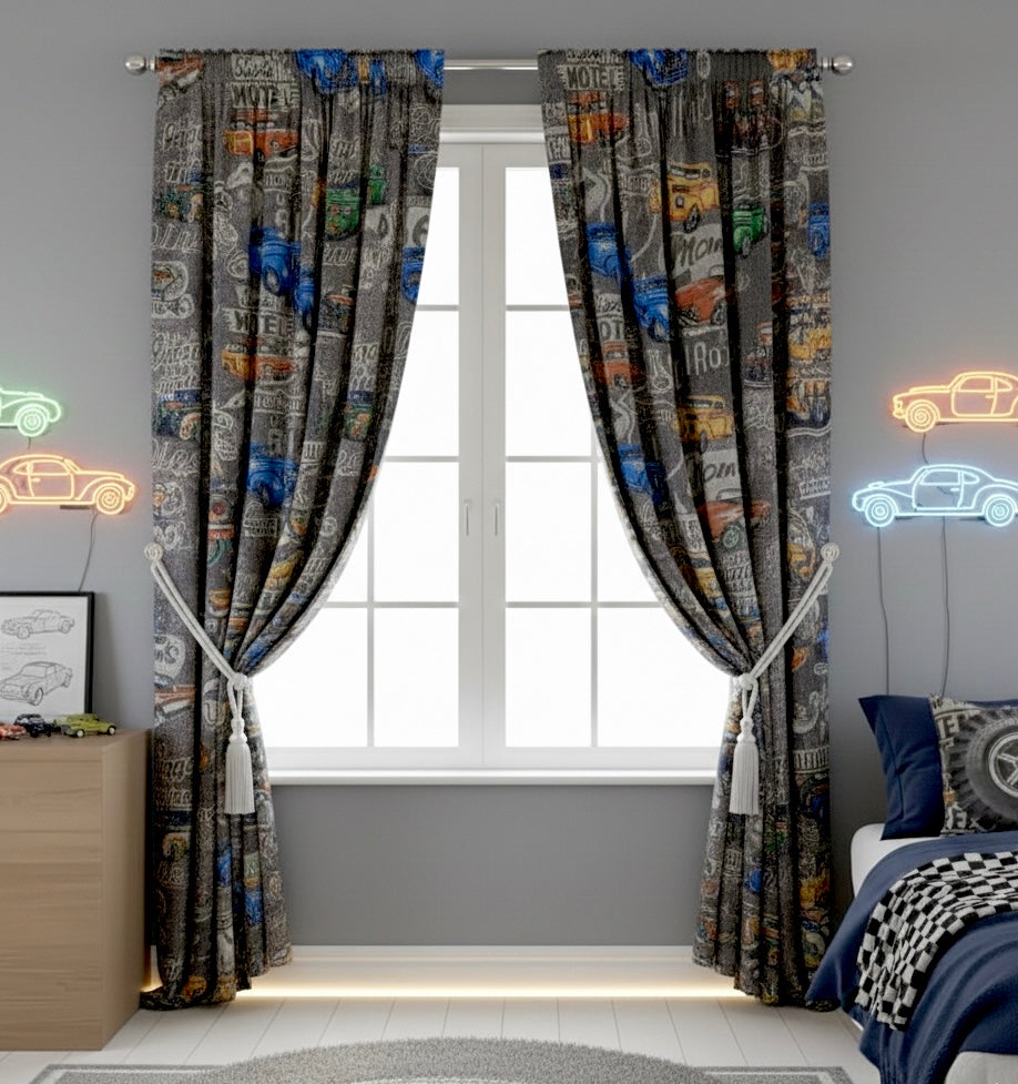 Kids Car Print Canvas Curtains | Boys Bedroom Curtains | Wajeehas