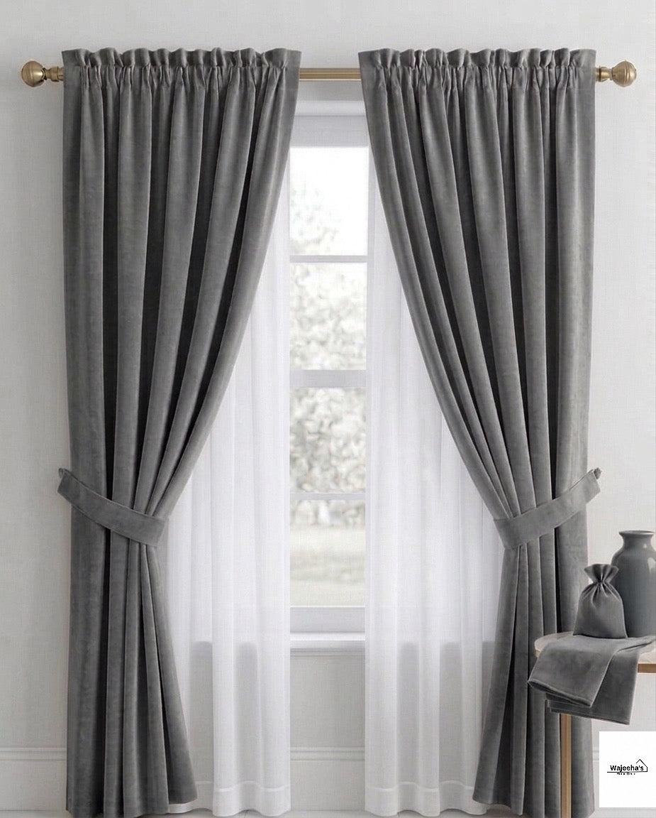 Premium 2-in-1 Velvet & White Sheer Layered Curtains (Single Rod Design)