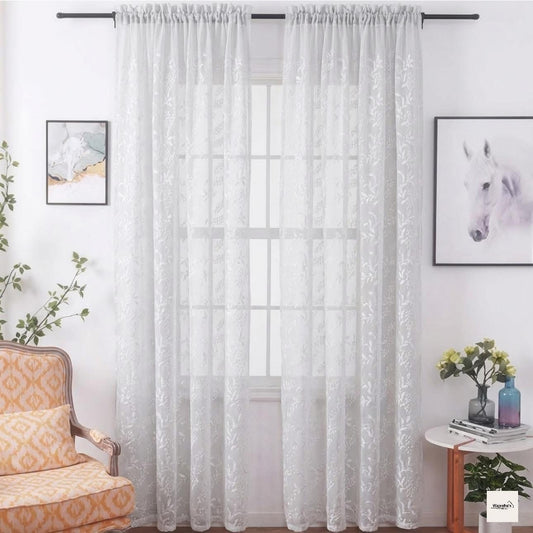 Ivory Floral Vine Embroidered Net Curtain – Premium Sheer Panel
