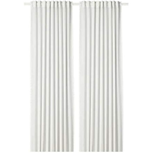 White semi-sheer 100% polyester curtains hanging on a rod close up texture